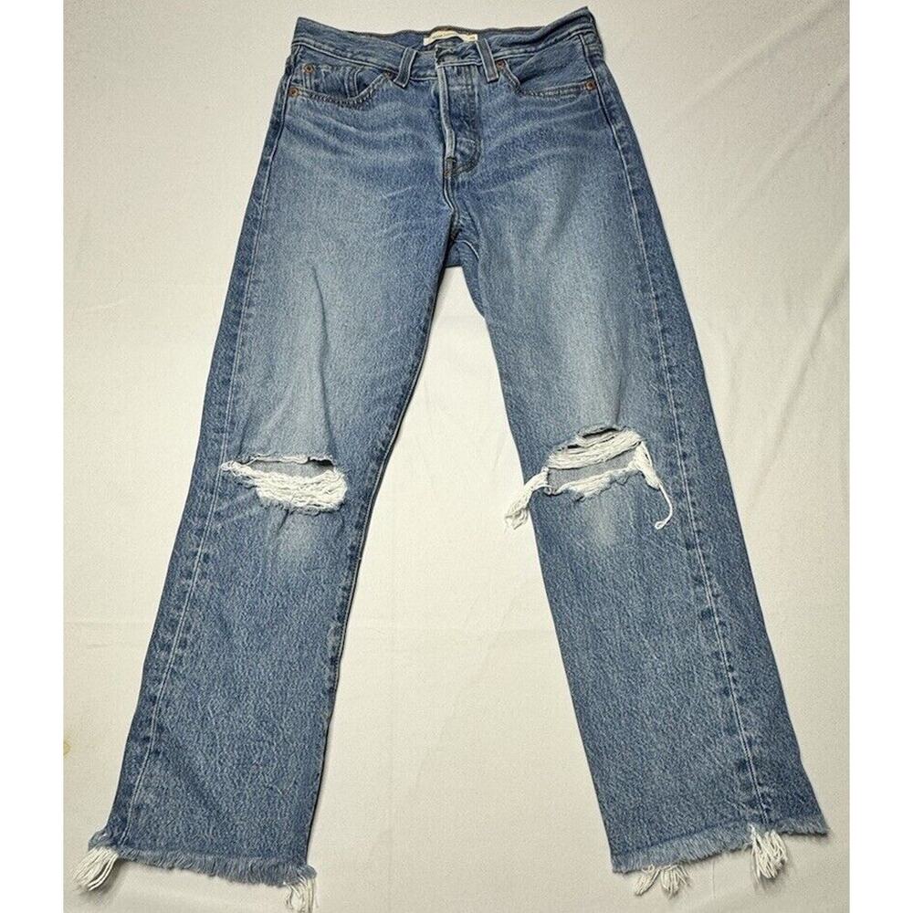 Levis Women's Distressed Wedgie Straight Leg Button Fly Blue Jeans - Size 26x25